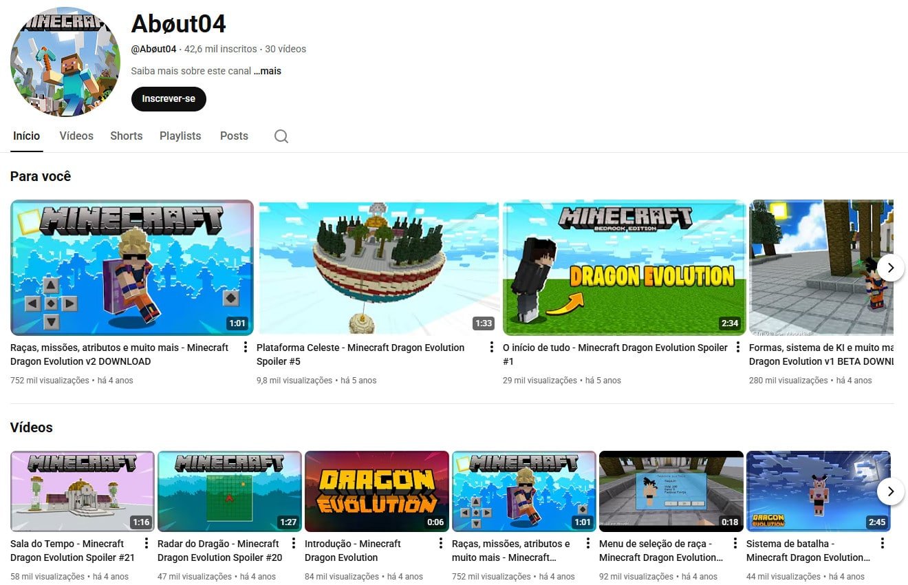Canal no YouTube à venda – Abøut04 (Português) – Minecraft, Mods e Gaming (42 mil inscritos)