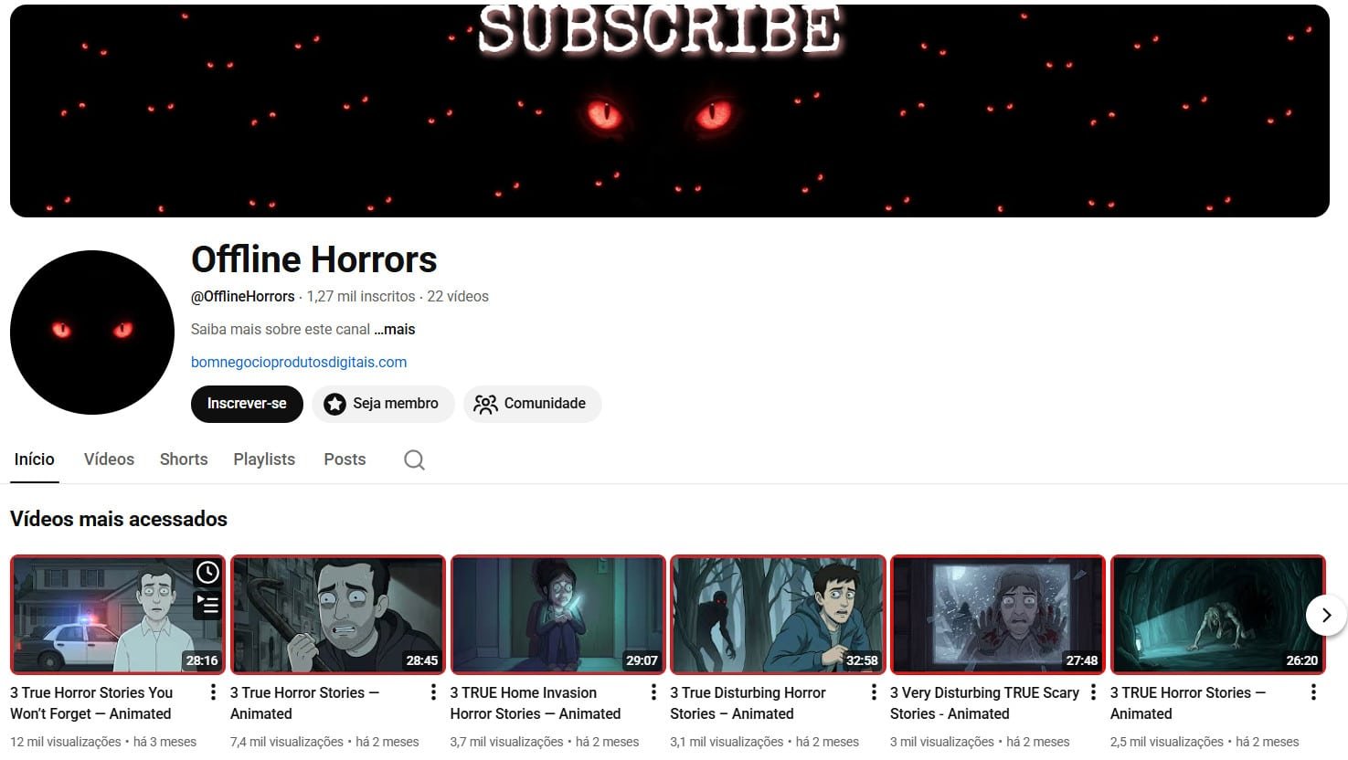 Canal no YouTube à venda – Offline Horrors (Inglês) – Terror Animado e Histórias Assustadoras (1 mil inscritos)