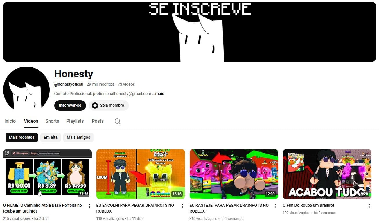 Canal no YouTube à venda – Honesty (Português) – Roblox, Gaming e Entretenimento (29 mil inscritos)