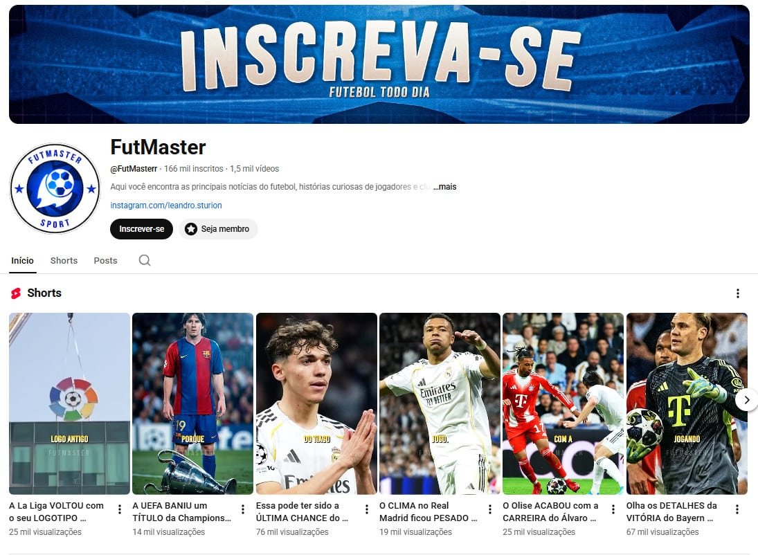 Canal no YouTube à venda – FutMaster (Português) – Notícias de Futebol e Curiosidades (166 mil inscritos)
