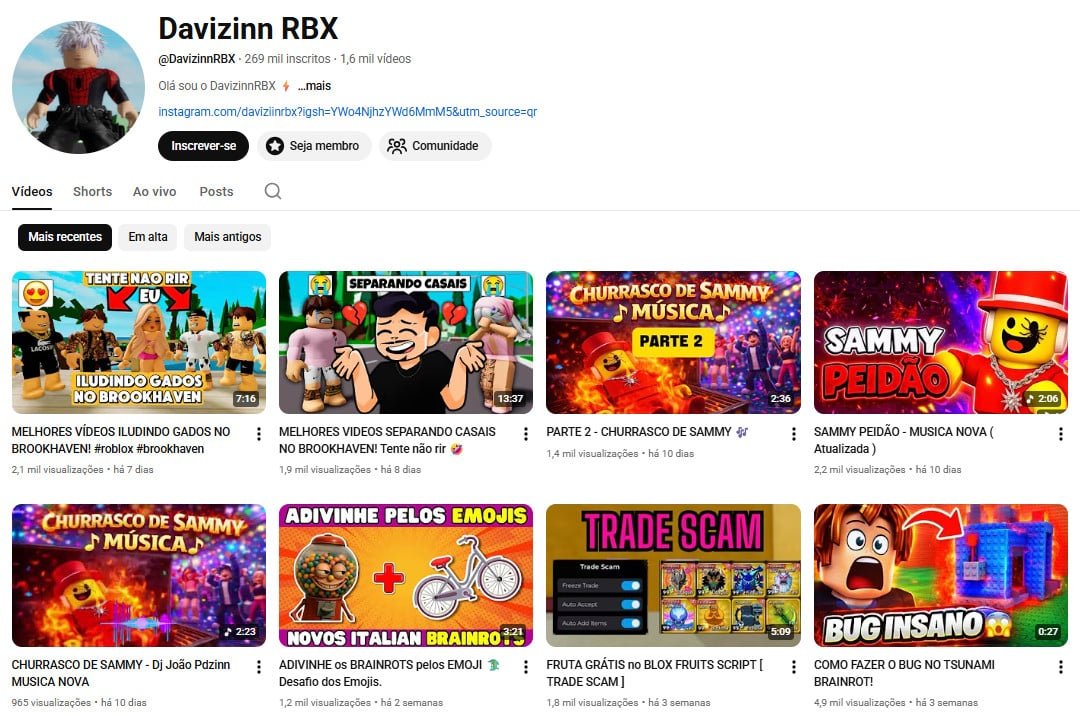 Canal no YouTube à venda – Davizinn RBX (Português) – Roblox, Entretenimento e Gaming (269 mil inscritos)
