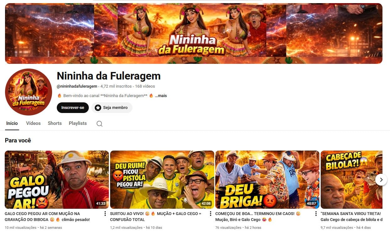 Canal no YouTube à venda – Nininha da Fuleragem (Português) – Humor, Entretenimento e Cultura Regional (4 mil inscritos)