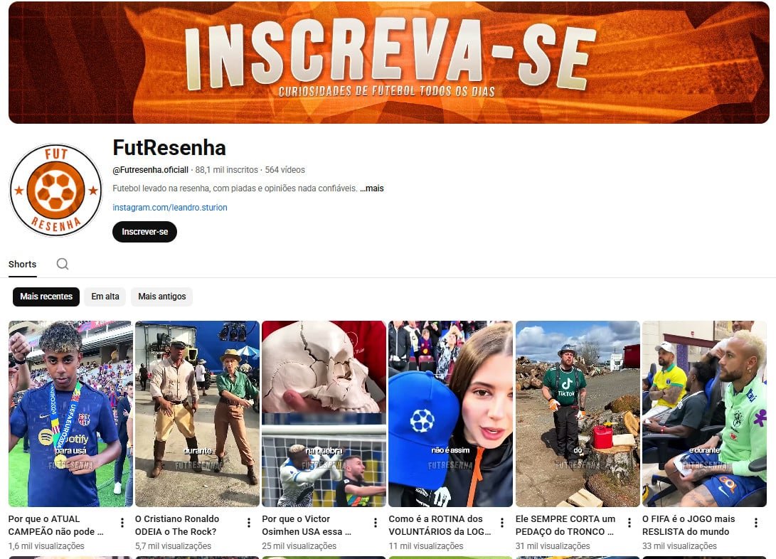 Canal no YouTube à venda – FutResenha (Português) – Humor Esportivo e Curiosidades de Futebol (88 mil inscritos)