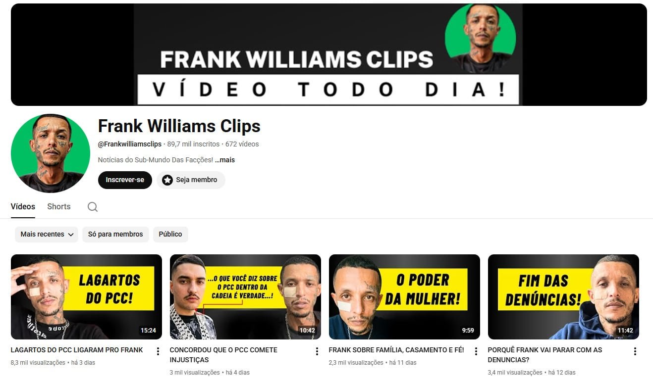 Canal no YouTube à venda – Frank Williams Clips (Português) – Notícias e Relatos do Submundo (89 mil inscritos)