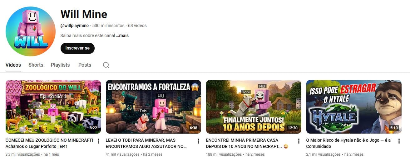 Canal no YouTube à venda – Will Mine (Português) – Minecraft e Gaming (530 mil inscritos)
