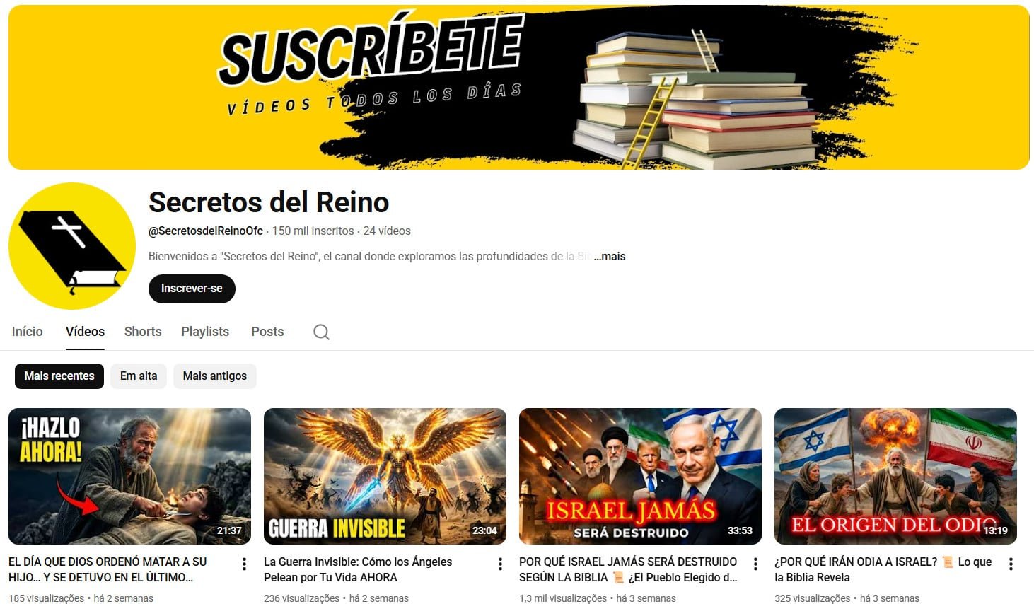 Canal no YouTube à venda – Secretos del Reino (Espanhol) – Espiritualidade, Profecias e Estudo Bíblico (150 mil inscritos)