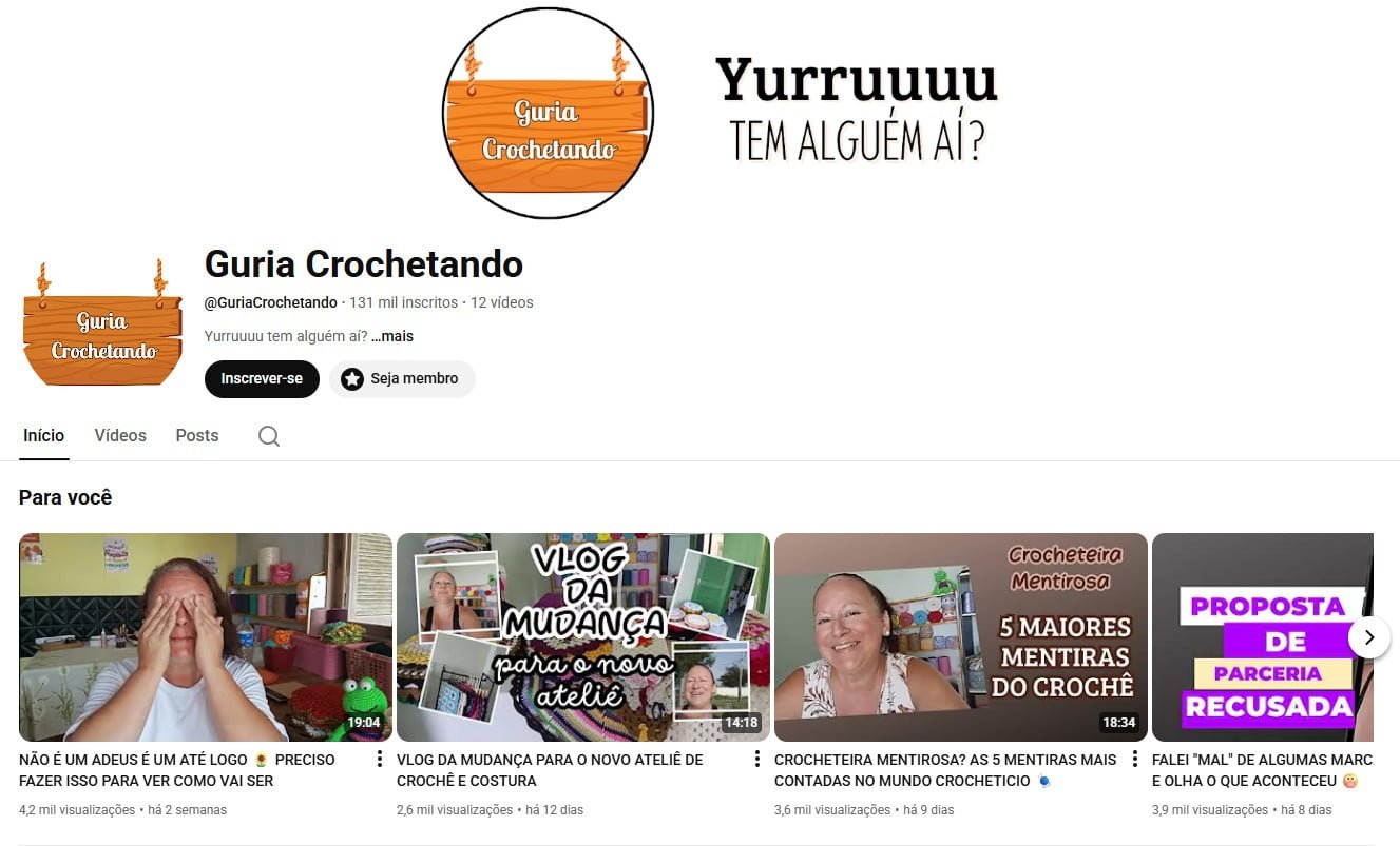 Canal no YouTube à venda – Guria Crochetando (Português) – Artesanato, Crochê e Empreendedorismo (131 mil inscritos)