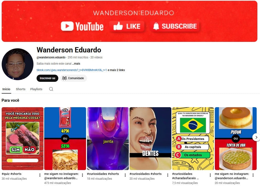 Canal no YouTube à venda – Wanderson Eduardo (Não Monetizado) (Português) – Curiosidades, Quizzes e Entretenimento (295 mil inscritos)