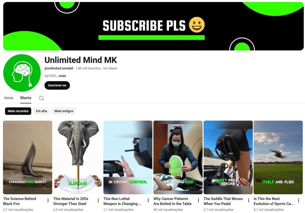Canal no YouTube à venda – Unlimited Mind MK (Não Monetizado) (Inglês) – Ciência, Tecnologia e Curiosidades (1 mil inscritos)