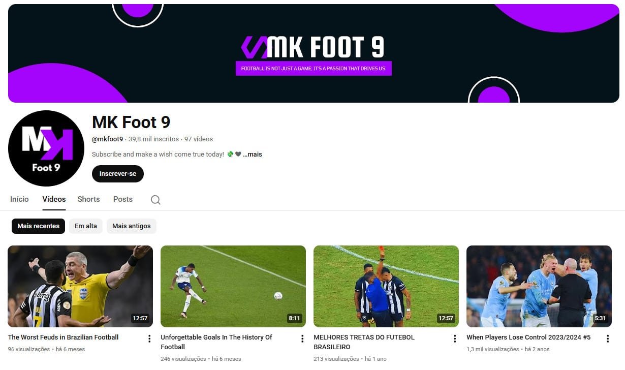 Canal no YouTube à venda – MK Foot 9 (Não Monetizado) (Inglês/Português) – Futebol, Golos e Curiosidades Desportivas (39 mil inscritos)