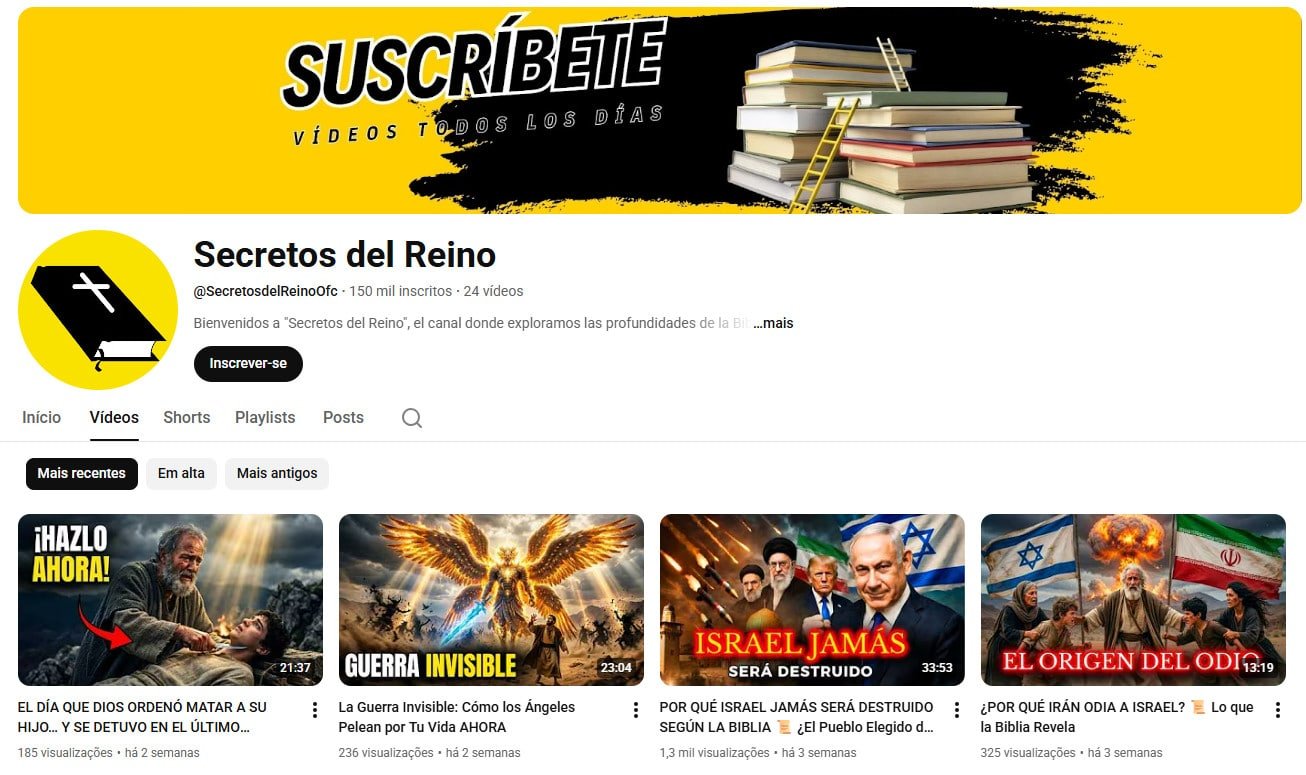 Canal no YouTube à venda – Secretos del Reino (Não Monetizado) (Espanhol) – Teologia, História Bíblica e Geopolítica (150 mil inscritos)