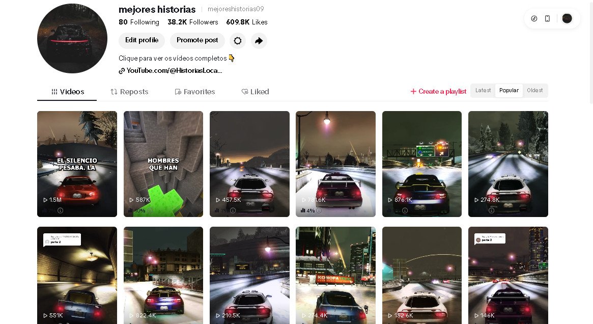 TikTok em Espanhol 38200 seguidores – 31,5% do publico eua – espanha – mexico = alto RPM