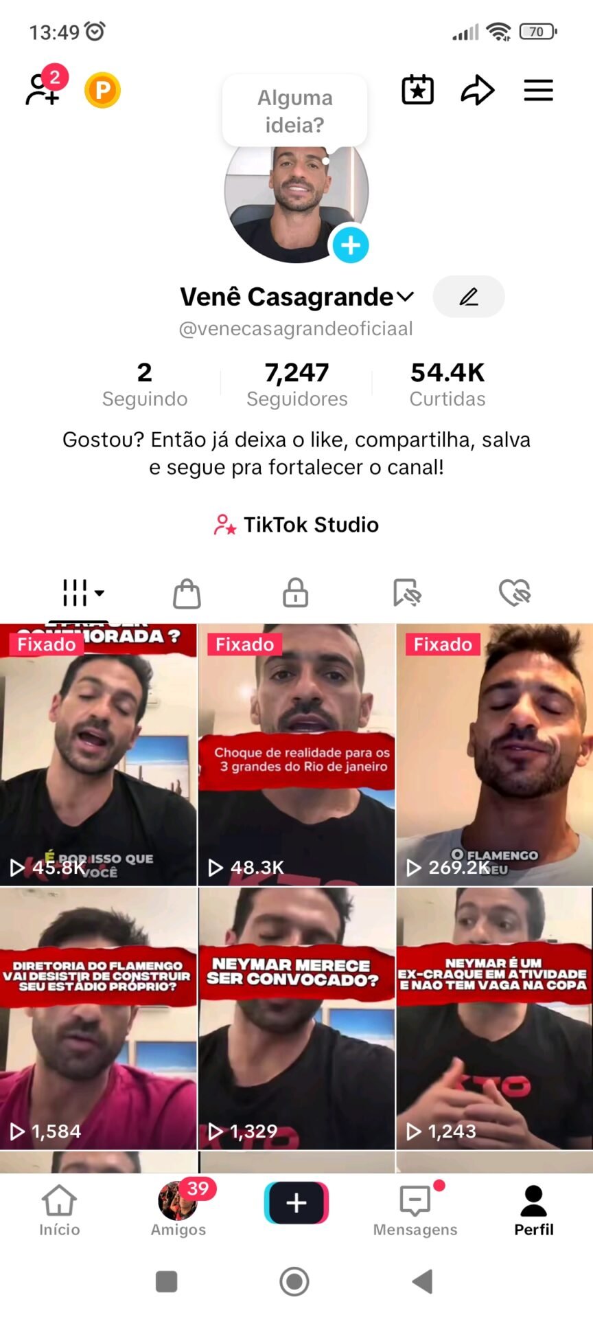 Vendo conta no TikTok ativa com 7247 de seguidor sobre notícias do futebol do venecasagrande fácil pra monetizar e começar a receber parei de postar recentemente estou sem tempo