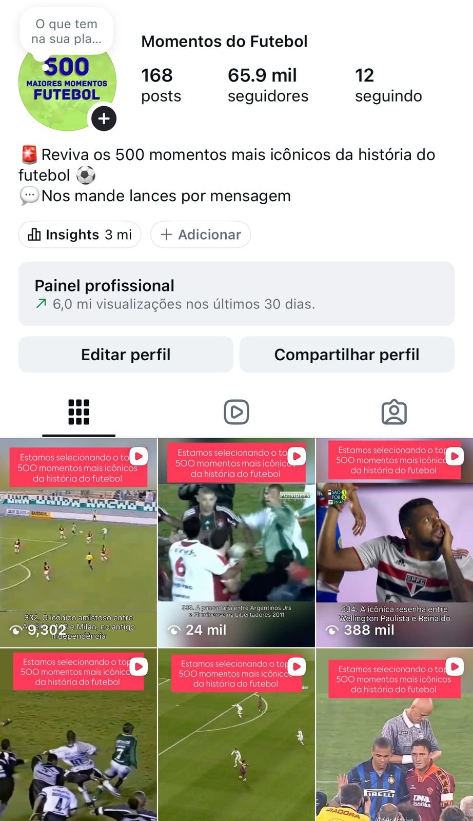 Página de futebol com muito alcance