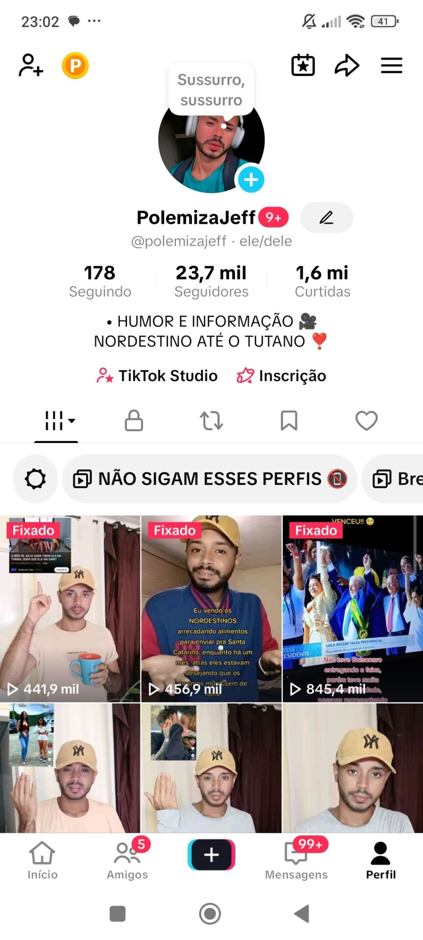 CONTA TIKTOK 23,7K — 1.6M CURTIDAS — ALTÍSSIMO ENGAJAMENTO (VÍDEO DE 1.5M VIEWS) — NICHO NOTÍCIAS/POLÍTICA/HUMOR