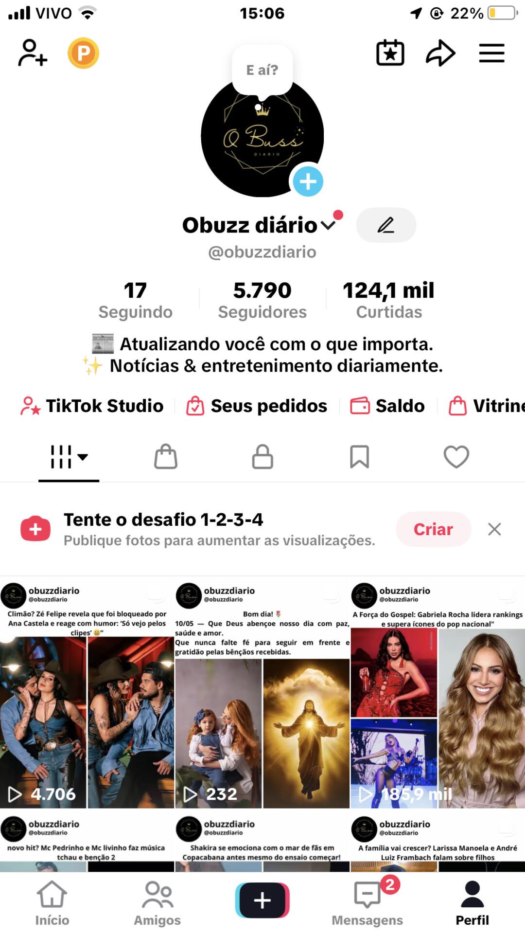 Canal TikTok com 5.700 seguidores