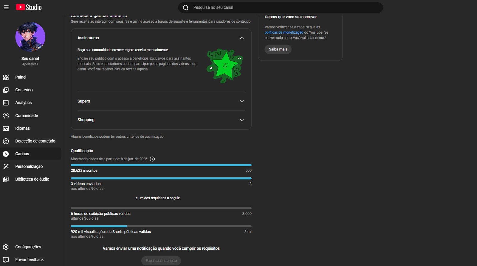 CANAL DO YOUTUBE COM 28,6K DE INSCRITOS NÃO MONETIZADO