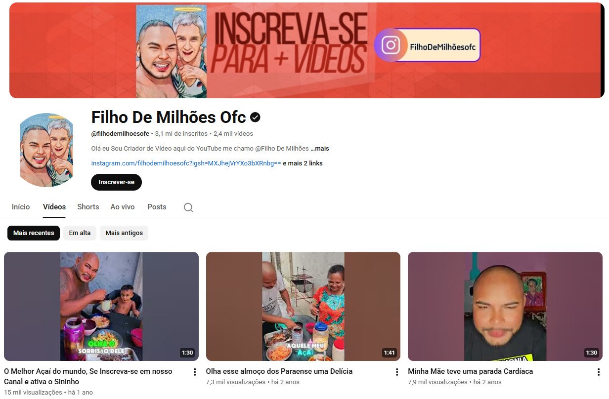 Canal no YouTube à venda – Filho De Milhões Ofc (3 milhões de inscritos)
