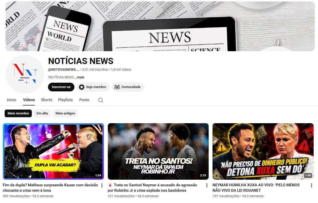 Canal no YouTube à venda – NOTÍCIAS NEWS (3 mil inscritos)