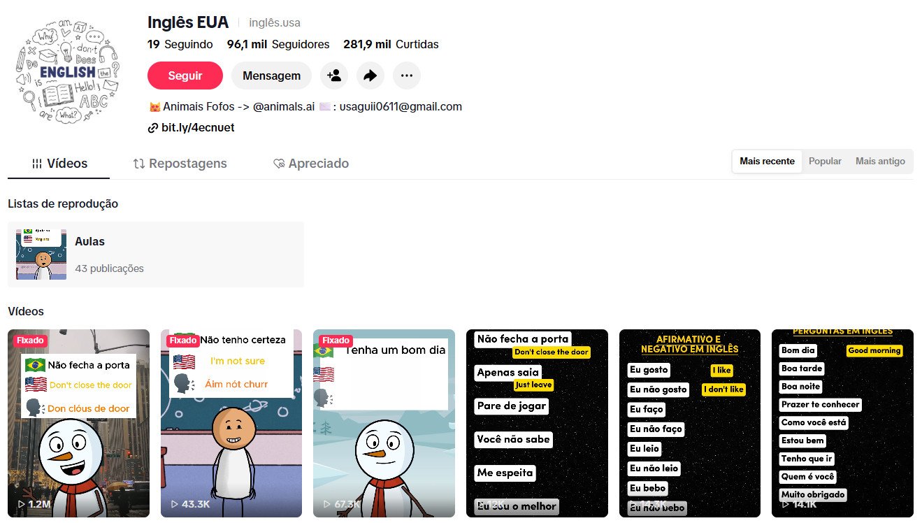 TikTok à venda – Dicas de Inglês e Educação | 96 mil seguidores