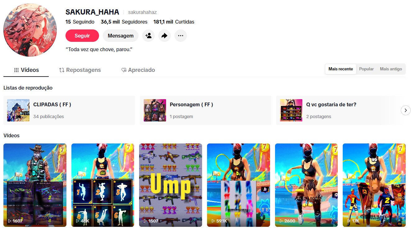 TikTok à venda – Free Fire, Clipes e Novidades de Games | 36 mil seguidores 🎮