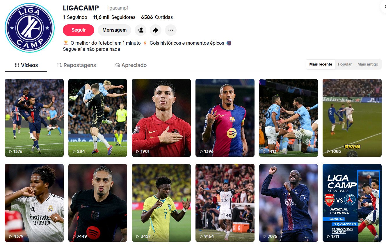 TikTok à venda – Futebol, Gols Históricos e Momentos Épicos | 11 mil seguidores