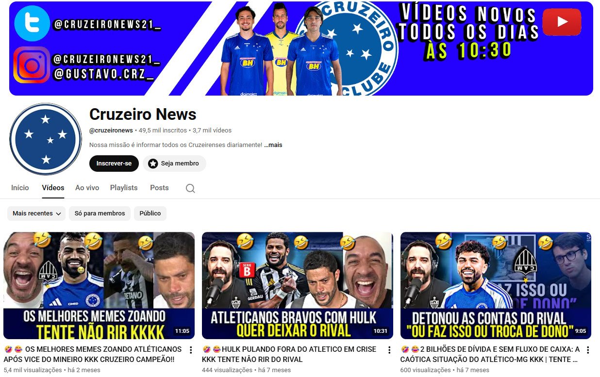Canal no YouTube à venda – Cruzeiro News (Futebol / Notícias e Memes) 49 mil inscritos