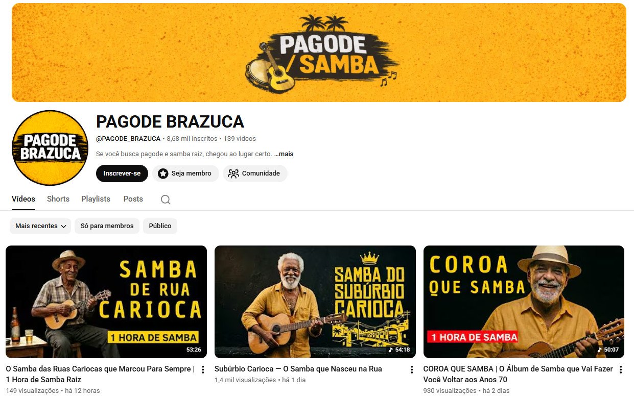 Canal no YouTube à venda – PAGODE BRAZUCA (Música / Samba e Pagode) | 8 mil inscritos