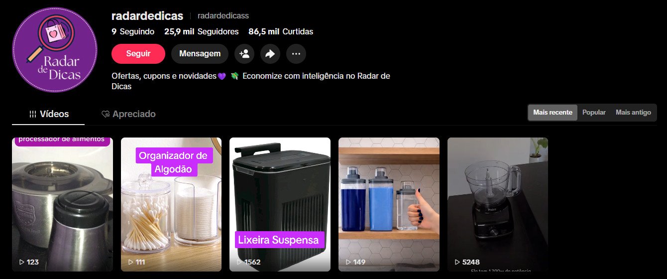 Conta no TikTok à venda – Achadinhos, Ofertas e Organização Doméstica | 25 mil seguidores