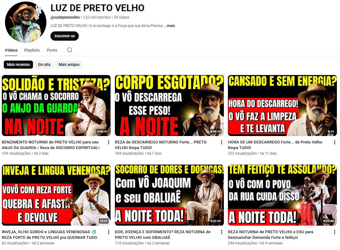 Canal no YouTube à venda – LUZ DE PRETO VELHO (Espiritualidade e Orações / Umbanda) | 1 mil inscritos (Não Monetizado)