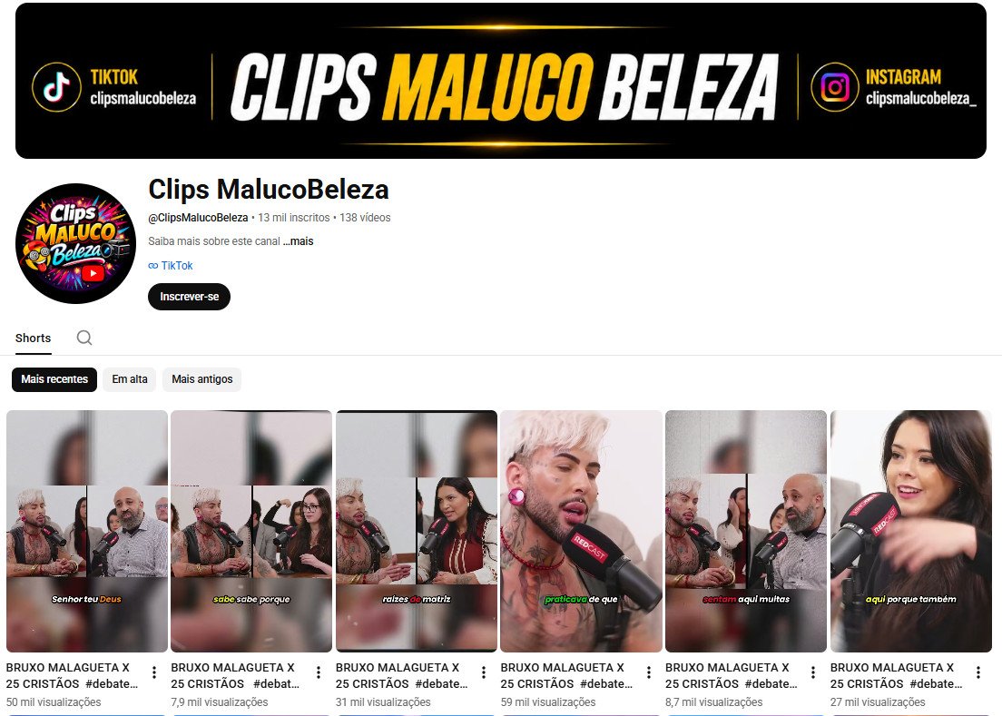 Canal no YouTube à venda – Clips MalucoBeleza (Cortes de Podcasts / Debates) | 13 mil inscritos (Não Monetizado)