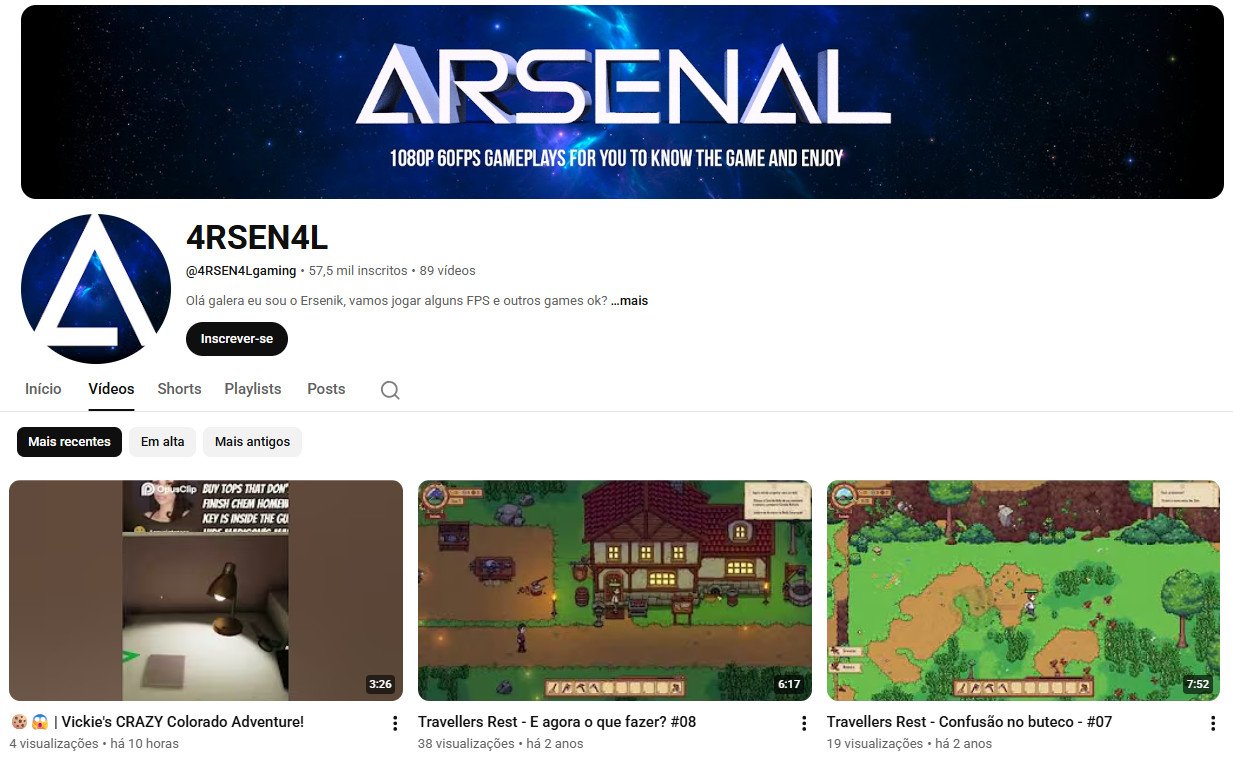 Canal no YouTube à venda – 4RSEN4L (Gaming / Gameplays) | 57 mil inscritos (Não Monetizado)