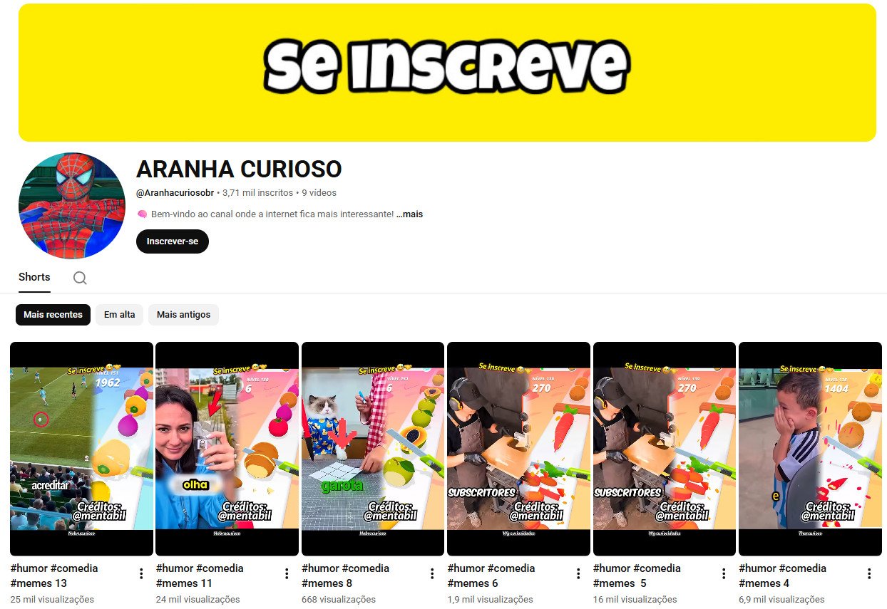 Canal no YouTube à venda – ARANHA CURIOSO (Humor / Memes / Shorts) | 3 mil inscritos (Não Monetizado)