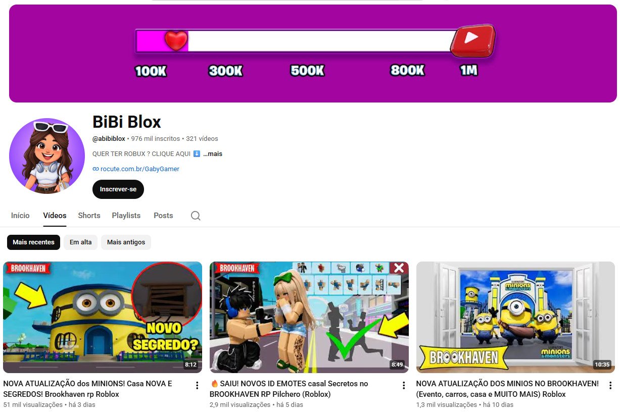 Canal no YouTube à venda – BiBi Blox (Gamer / Roblox e Brookhaven) | 976 mil inscritos