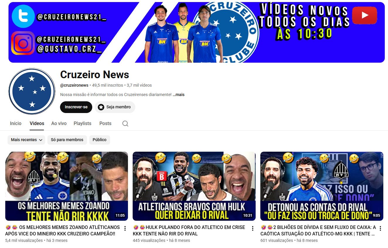 Canal no YouTube à venda – Cruzeiro News (Notícias e Humor de Futebol / Cruzeiro) | 49 mil inscritos