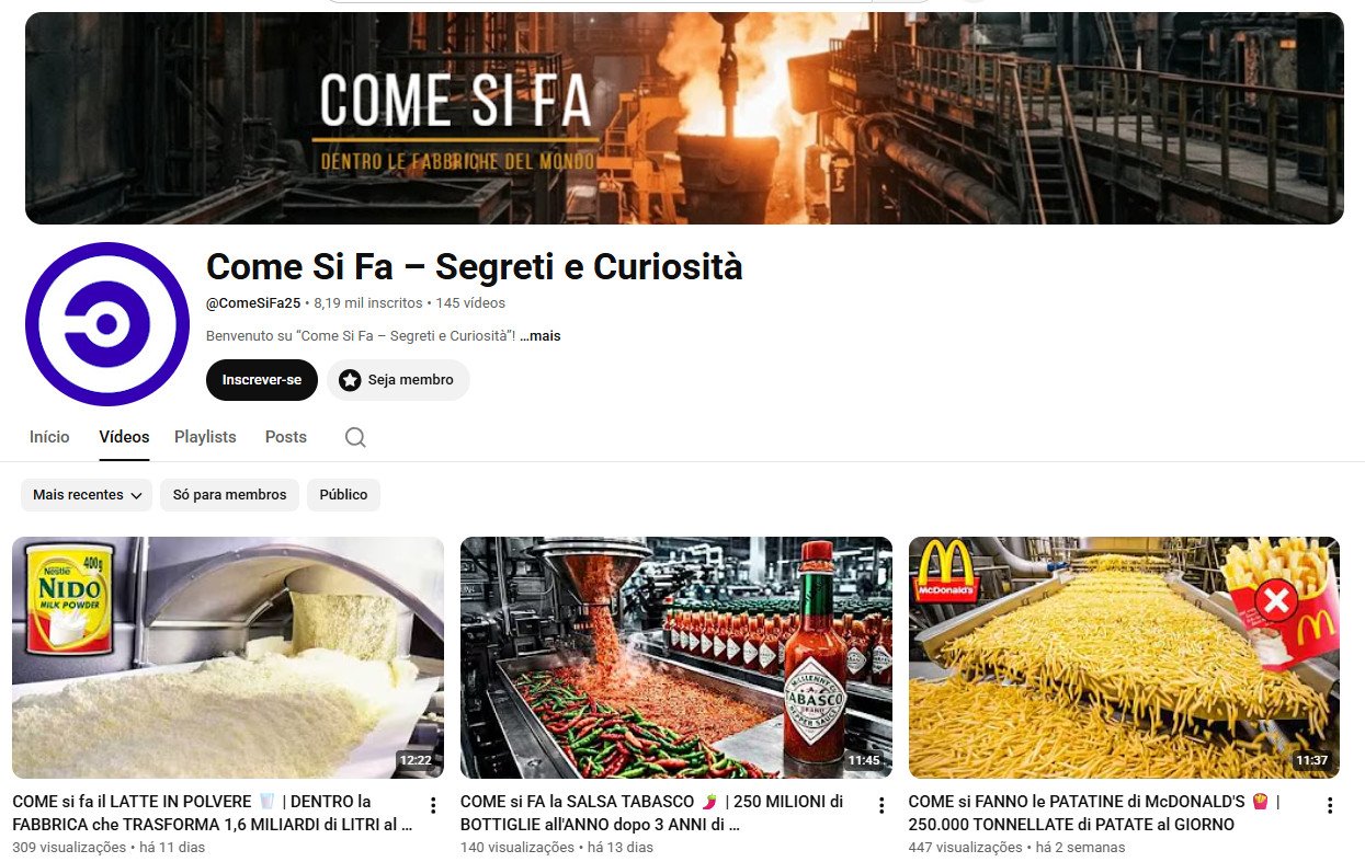 Canal no YouTube à venda – Come Si Fa – Segreti e Curiosità (Curiosidades Industriais e Fábricas) | 8 mil inscritos