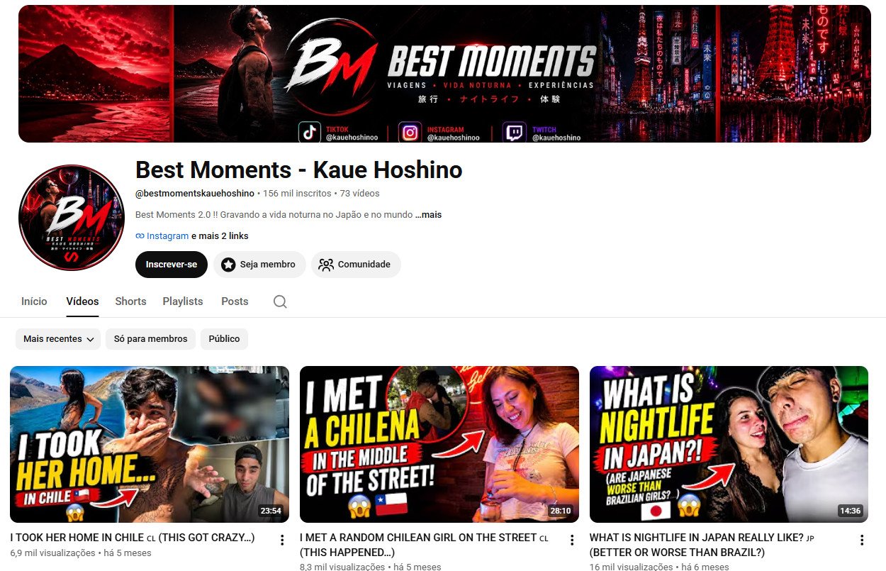 Canal no YouTube à venda – Best Moments – Kaue Hoshino (Viagens, Vida Noturna e Vlogs) | 156 mil inscritos