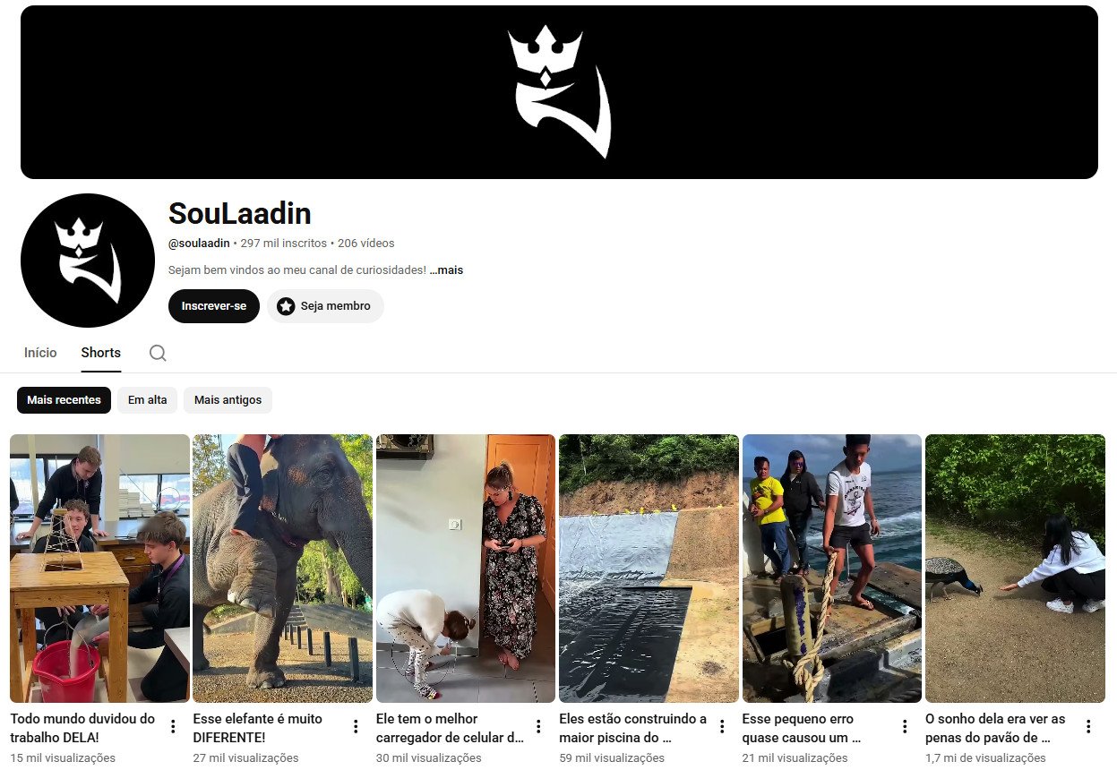 Canal no YouTube à venda – SouLaadin (Curiosidades, Fatos e Shorts) | 297 mil inscritos