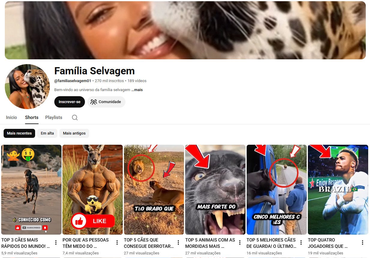 Canal no YouTube à venda – Família Selvagem (Curiosidades do Mundo Animal e Shorts) | 270 mil inscritos