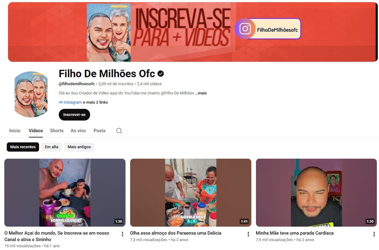 Canal no YouTube à venda – Filho De Milhões Ofc (Vlogs, Humor e Família) | 3 Milhões de inscritos (Verificado)