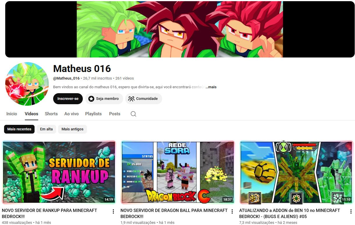 Canal no YouTube à venda – Matheus 016 (Games / Minecraft) | 26 mil inscritos