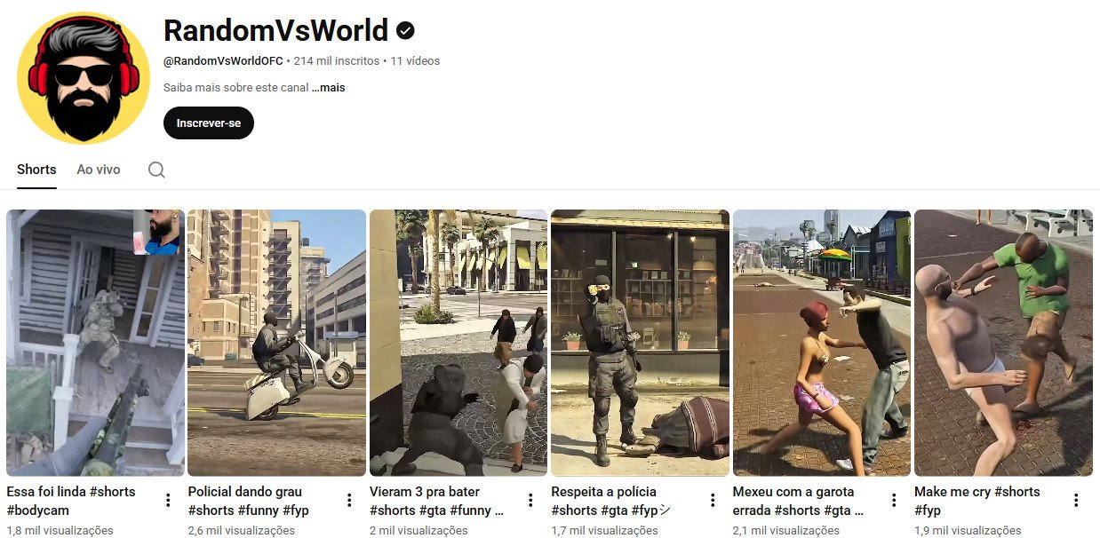 Canal no YouTube à venda – RandomVsWorld (Games / GTA Shorts) | 214 mil inscritos – Canal não monetizado