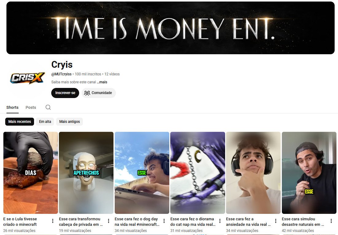 Canal no YouTube à venda – Cryis (Curiosidades, Desafios e Shorts) | 100 mil inscritos – Canal não monetizado