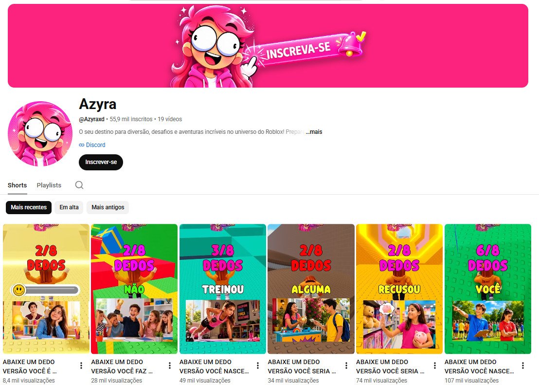Canal no YouTube à venda – Azyra (Roblox / Desafios Shorts) | 55 mil inscritos – Canal não monetizado