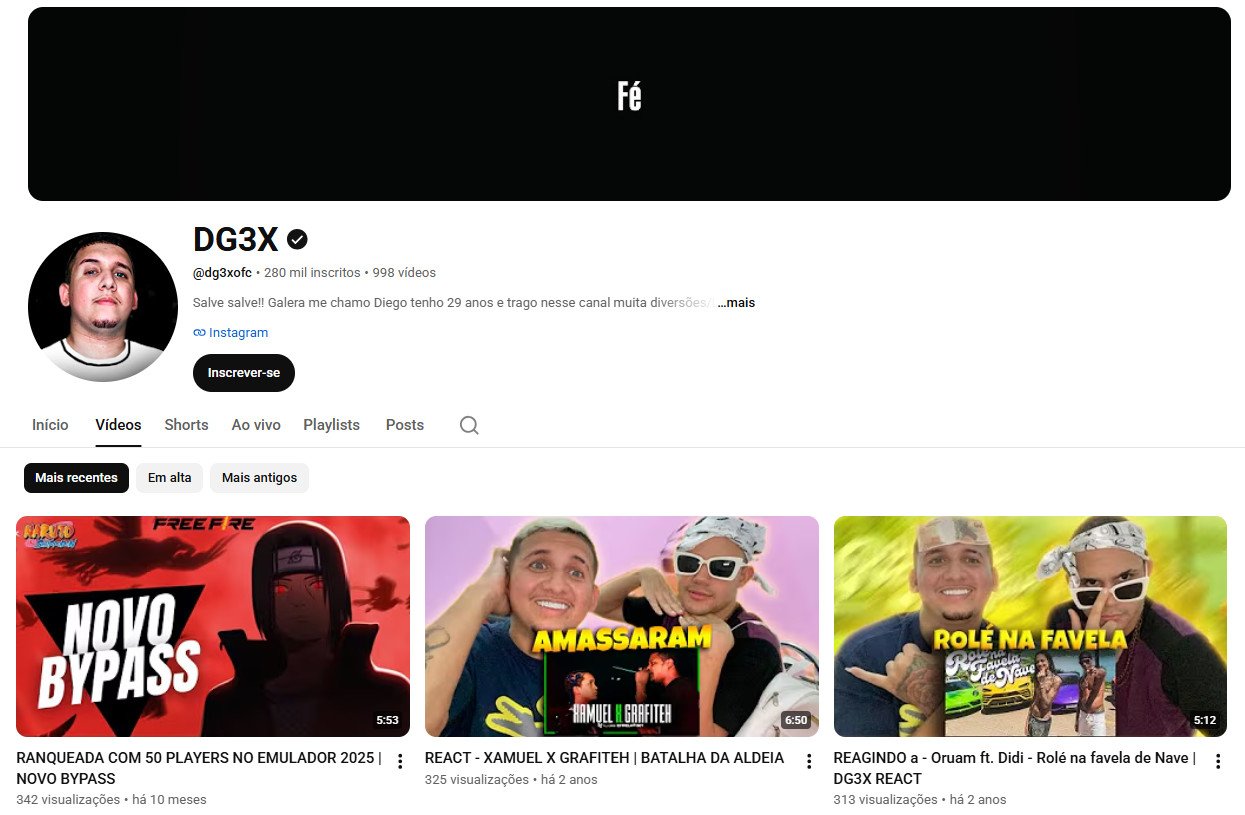 Canal no YouTube à venda – DG3X (Games, Reacts e Entretenimento) | 280 mil inscritos – Canal não monetizado