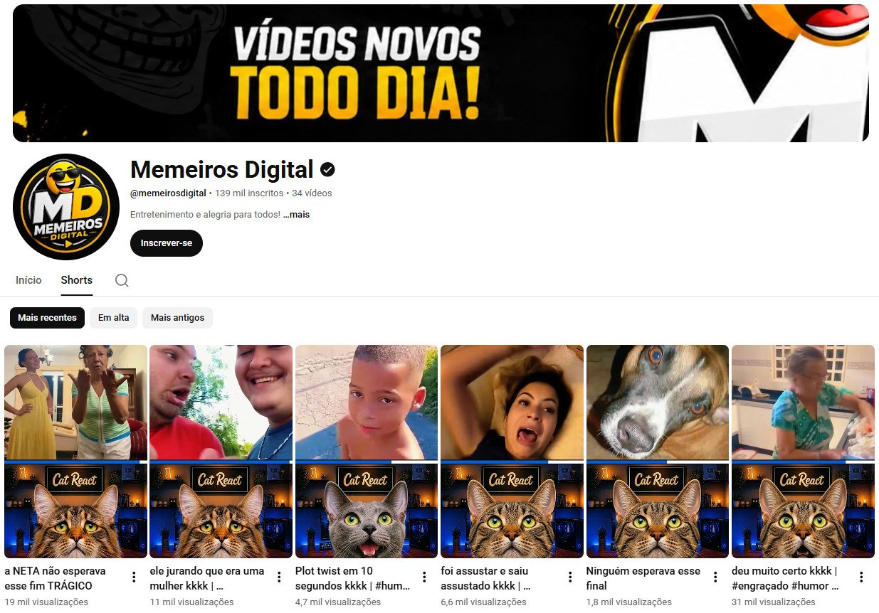 Canal no YouTube à venda – Memeiros Digital (Humor, Memes e Shorts) | 139 mil inscritos – Canal não monetizado