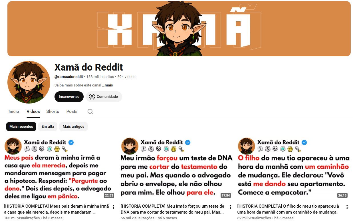Canal no YouTube à venda – Xamã do Reddit (Histórias, Relatos e Vídeos Longos) | 138 mil inscritos – Canal não monetizado