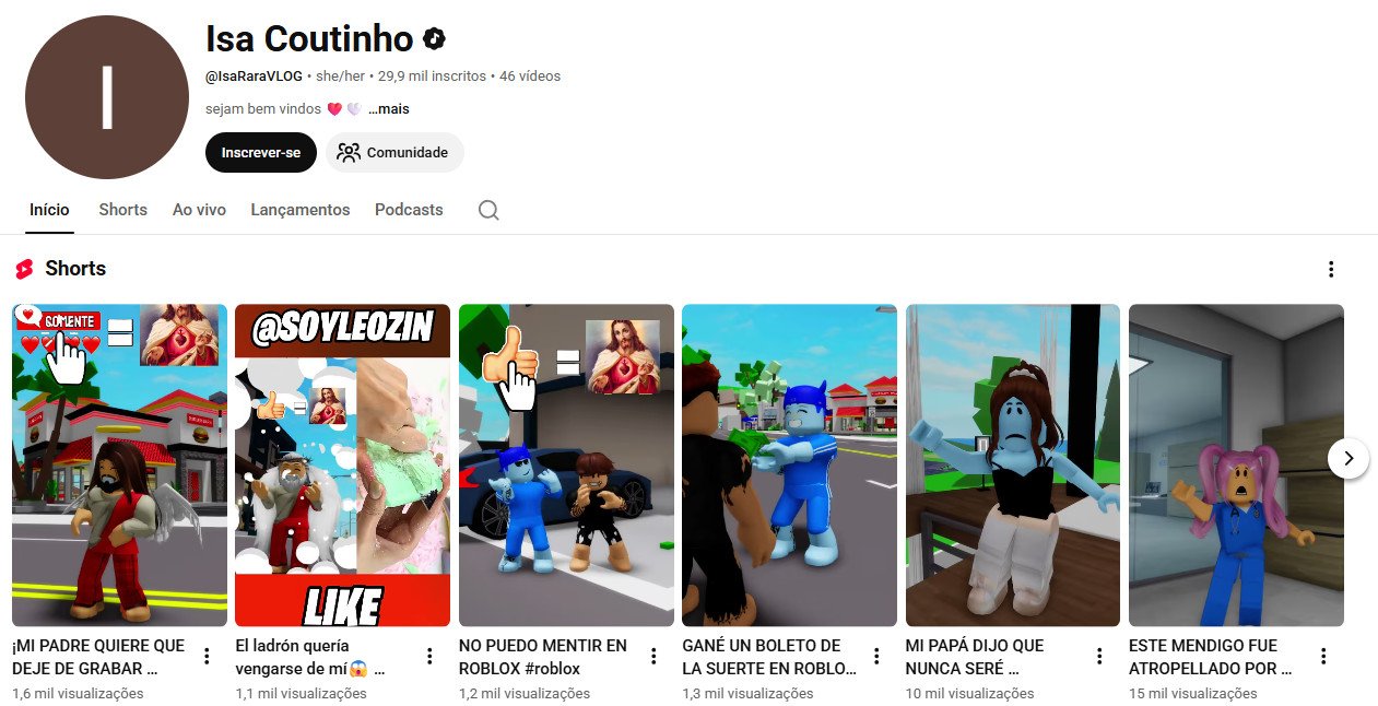Canal no YouTube à venda – Isa Coutinho (Roblox / Shorts Hispânico) | 29 mil inscritos – Canal não monetizado