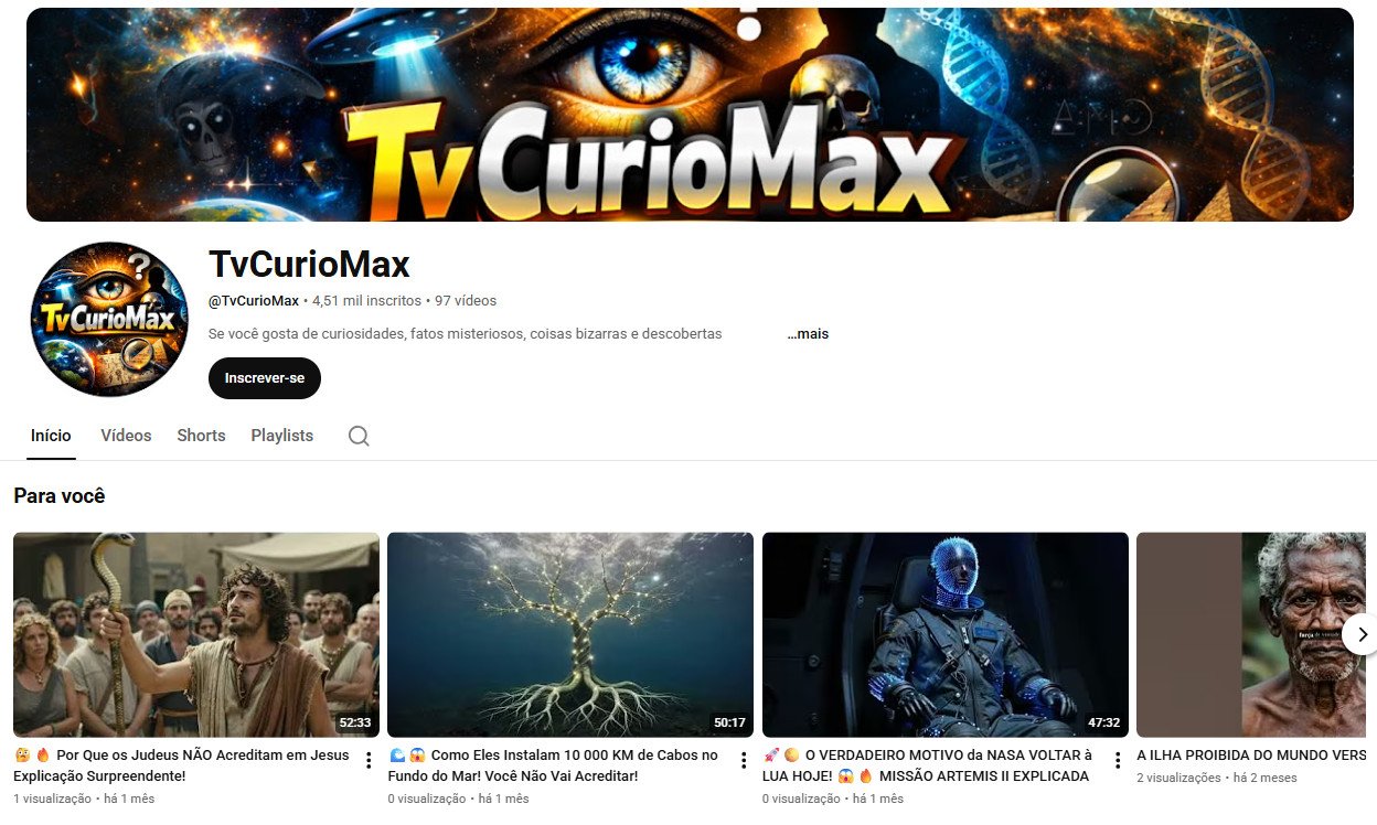 Canal no YouTube à venda – TvCurioMax (Curiosidades, Mistérios e Documentários) | 4 mil inscritos – Canal não monetizado