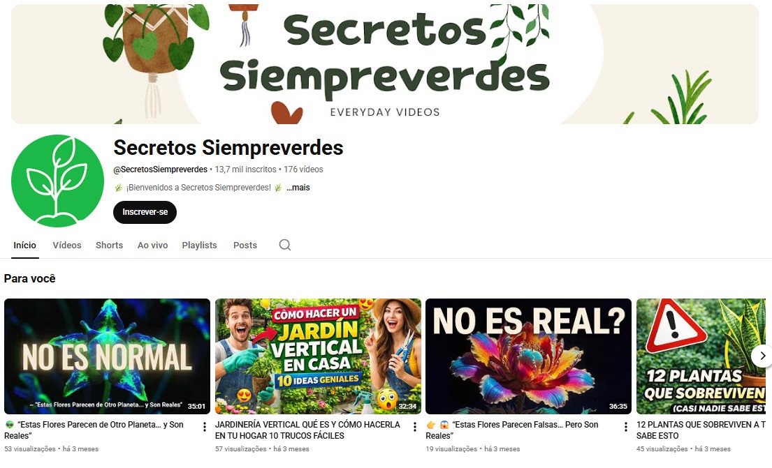 Canal no YouTube à venda – Secretos Siempreverdes (Jardinagem e Botânica) | 13 mil inscritos – Canal não monetizado